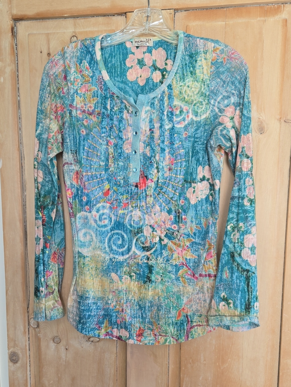 Teal Floral Pintuck Long Sleeve Top